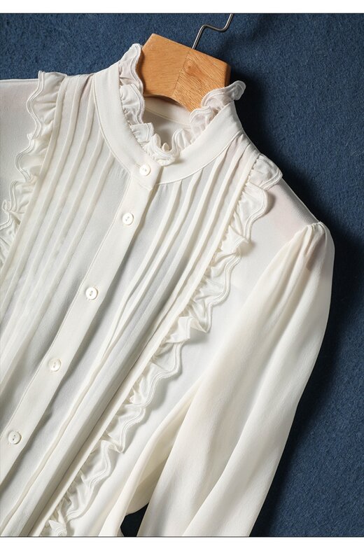 Шифоновая женская рубашка на весну/лето, однотонные винтажные блузки, свободный Женский Топ с длинным рукавом и круглым вырезом, модная одежда с оборками YCMYUNYAN