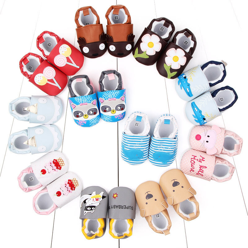 Детская обувь для новорожденных мальчиков и девочек, пинетки с мультяшным рисунком, детская обувь из искусственной кожи с мягкой подошвой для малышей от 0 до 18 месяцев