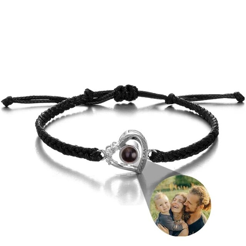 Personalized Custom Photo Projection Braided Rope Bracelet For Women Men Heart With Diamond Bracelet Anniversary Gift Jewelry