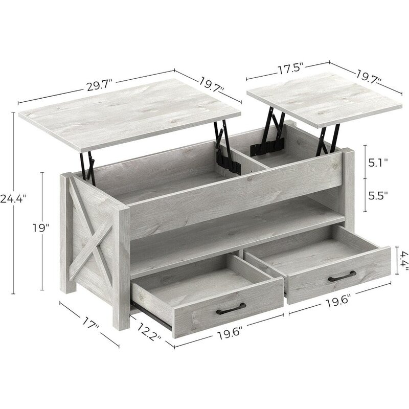 Mesa de centro elevable de 47,2 pulgadas, mueble con 2 cajones de almacenamiento y compartimento oculto, color gris