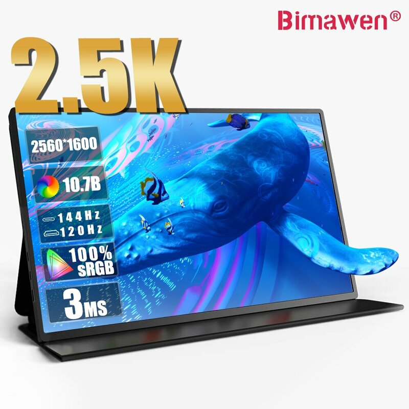 Bimawen Monitor portabel 16 inci, layar Game tampilan 2.5K 144Hz 2560X1600 100 Adobe SRGB untuk Laptop ponsel Mac Xbox PS4/5 Switch
