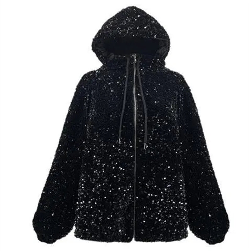 Céu estrelado de lantejoulas cintilante feminino casaco com capuz, casaco de algodão espesso curto, encaixe solto, versão coreana, maré viajante, primavera, 2023, novo