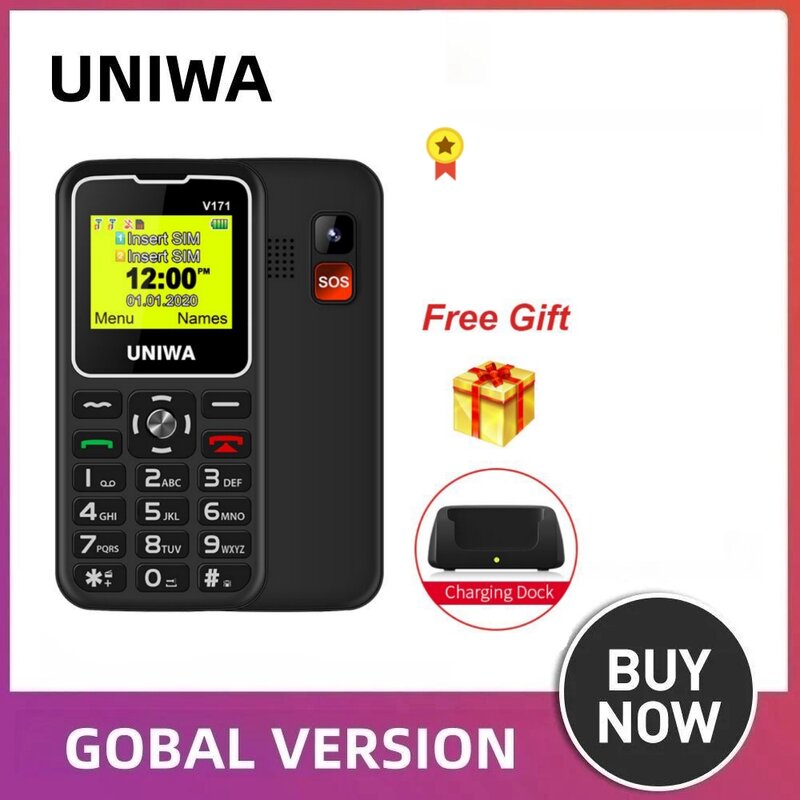 UNIWA V171 1.77 "wyświetlacz SOS 2G telefon komórkowy funkcja duży przycisk telefon bezprzewodowy FM głośnik 10 dni czuwania stacja do ładowania