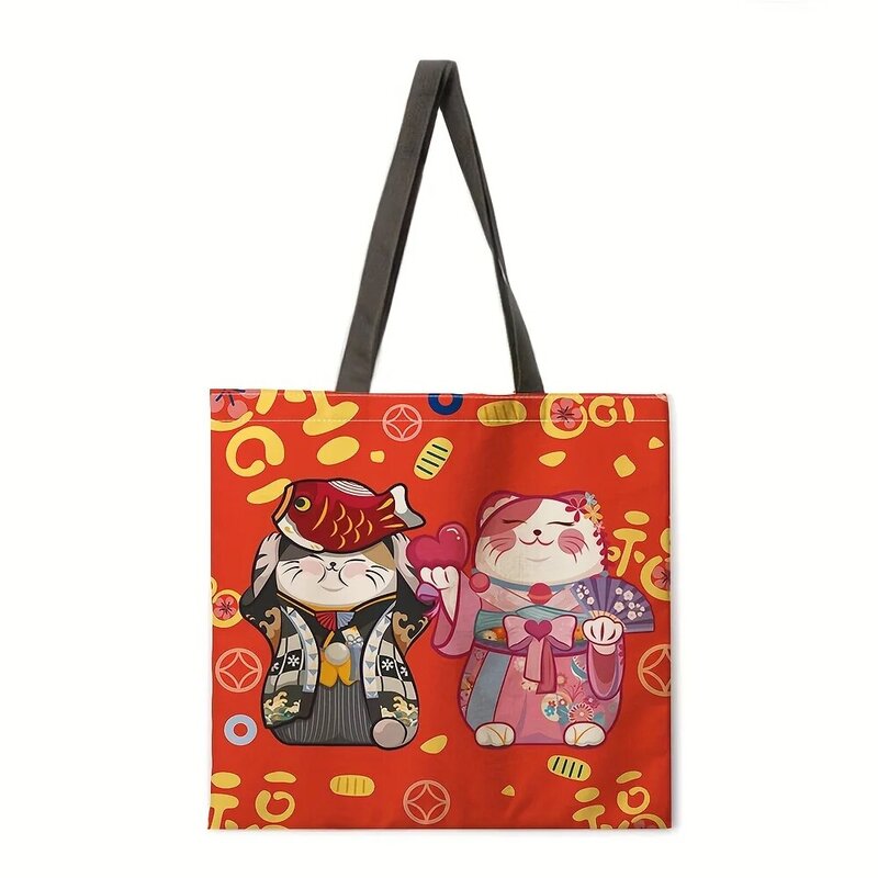 Lucky cat tas jinjing wanita, kasual dapat dilipat dapat berulang kali digunakan untuk belanja gaya bahu