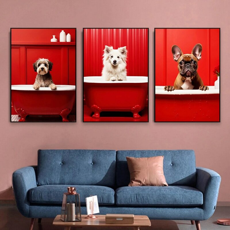 Красный цвет, забавные животные, постер, милая собака, ванная комната, холст, живопись, мыльная ванна, принты, настенное искусство, ванной, туалета, Настенный декор