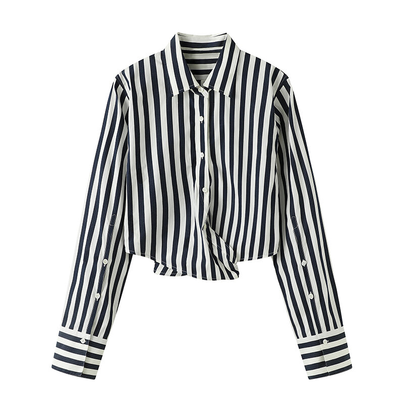 Striped Wrap Cropped Top Cotton Blended Blouses Long Sleeve Short Shirt 2024 Spring/Summer New in Casual Woman Clothing