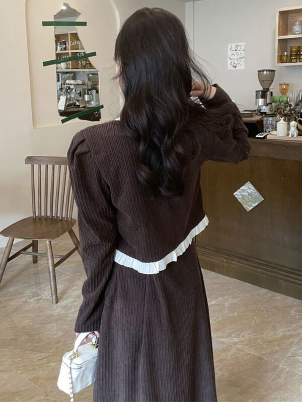Женский зимний комплект из 2 предметов, укороченная куртка средней длины со вставками и юбка с высокой талией, Повседневная теплая Модная винтажная юбка во французском стиле для девушек