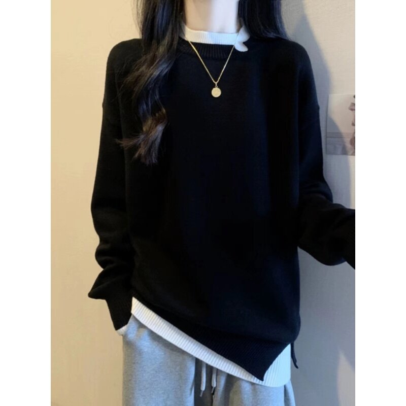 Harajuku Colorblock Patchwork Casual Loose Sweaters for Women Knit Long Sleeve Fake 2 Piece Pullover Split Jumper Top 066C