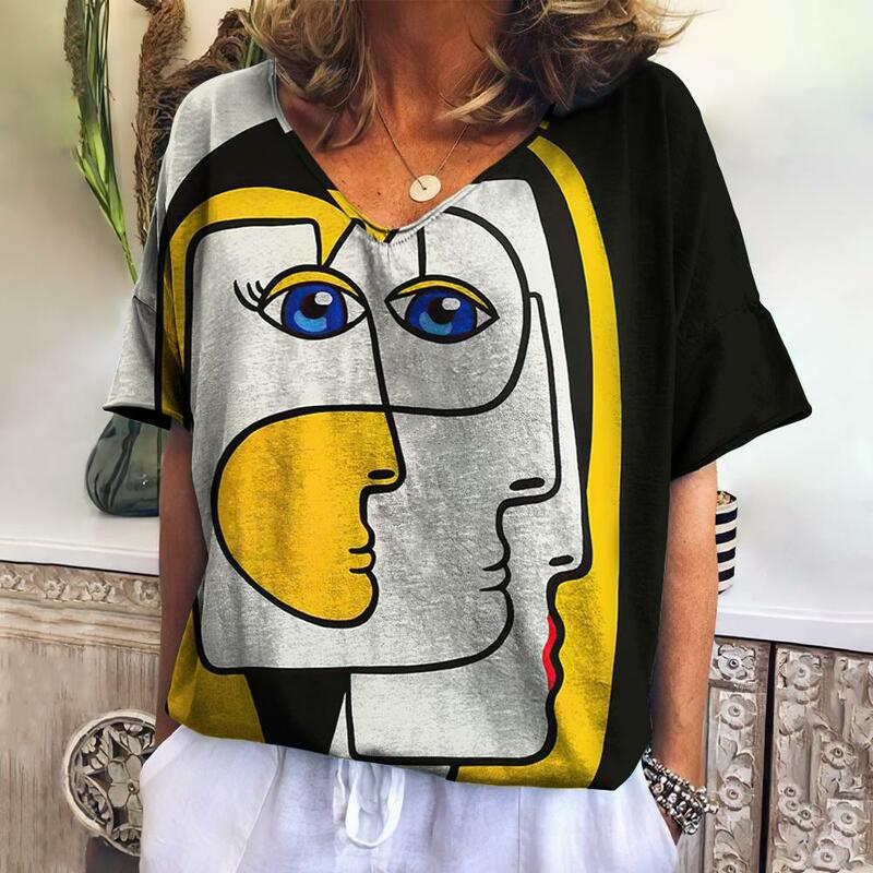 여름 여성 패션 티셔츠 추상 인간의 얼굴 인쇄 여성 블라우스, 여성 의류 티셔츠 캐주얼 빈티지 대형 탑