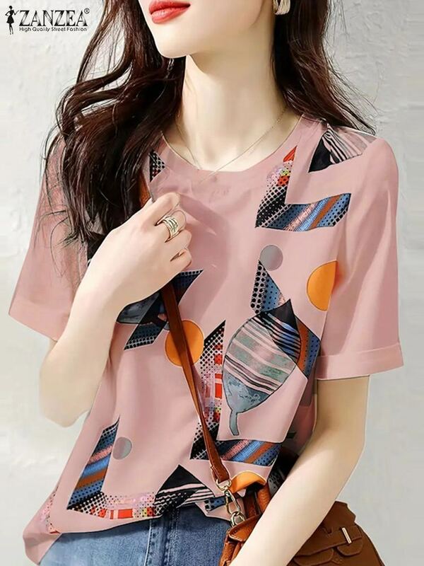 ZANZEA damska koszule z krótkim rękawem luźna nadruk w geometryczne wzory bluzka 2024 letnia koszule z okrągłym dekoltem tunika moda proste bluzy