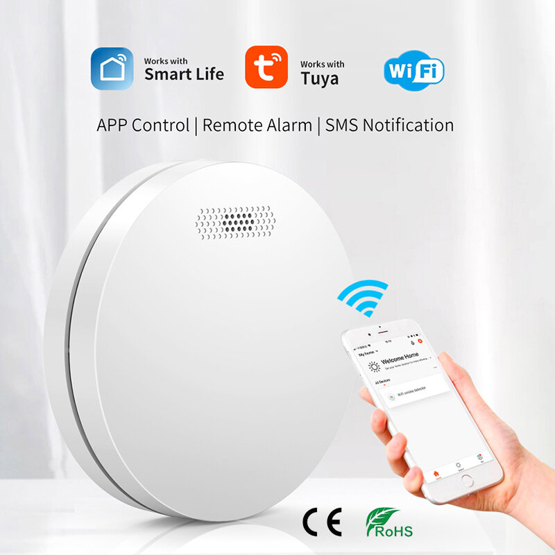 Versi WiFi Super Tipis Tuya & Smart Life Sensor Detektor Asap Keamanan Rumah Instrumen Alarm Suara Standar Perangkat Peringatan Kebakaran