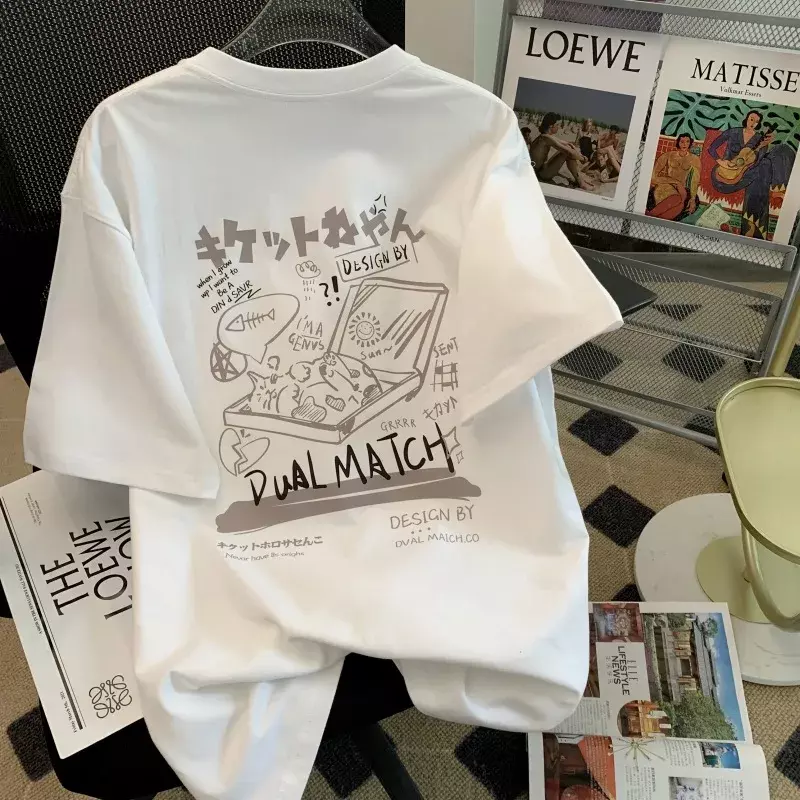 Kawaii Women Cartoon T-Shirts 2023 Summer Harajuku Cat Printed Short Sleeve Tees Female Couple Streetwear Loose Clothes Y2K Tops