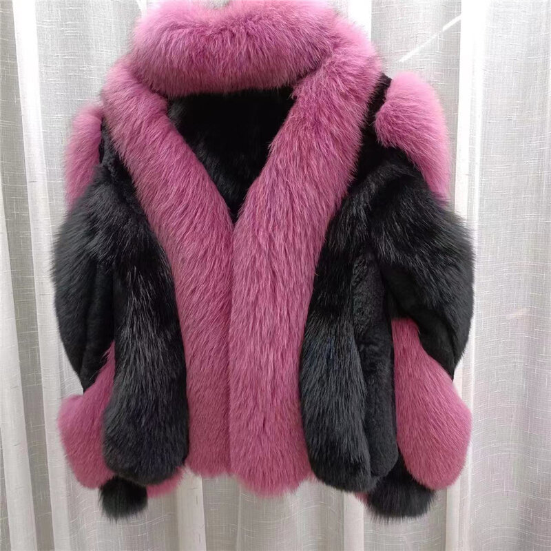 Manteau de Luxe en Fourrure de Renard group pour Femme, Veste d'Hiver Courte, Optique, Chaud, Naturel, Argent, Qualité Supérieure