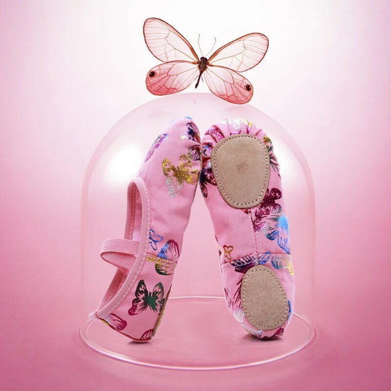 Sapatos de lona borboleta para meninas, chinelos de dança de balé para crianças, sapatos de bailarina para mulher, sola macia, prática