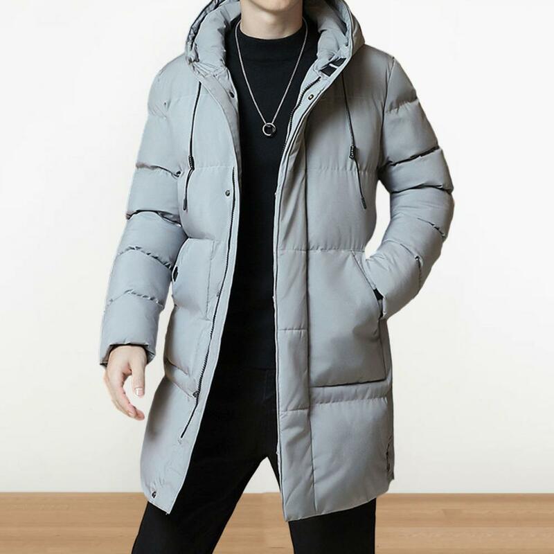 Casaco de algodão manga longa Windproof masculino com bolsos, casaco de inverno com capuz, isolamento acolchoado, fechamento do zíper, Drawstring Mid