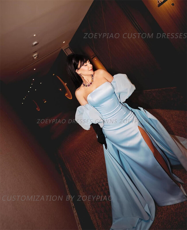 Sky Blue Satin Short Sleeves Long Formal Evening Party Gowns For Women Side Slit Floor Length A Line Strapless Prom Dress