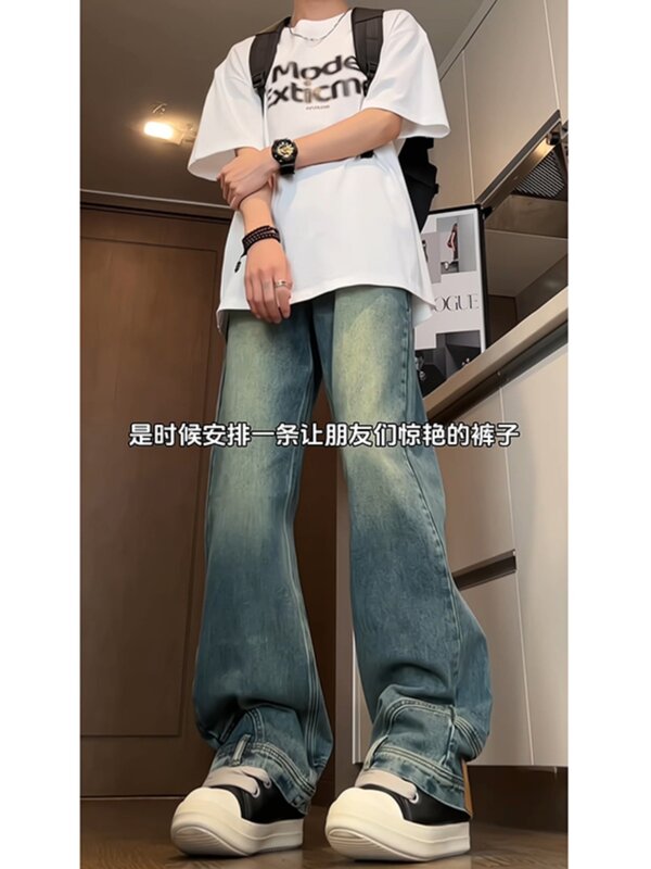 2024 odwrócone w odwróconych dżinsach męskie amerykańskie spodnie główna ulica mikro rozkloszowana odzież robocza z szerokimi nogawkami
