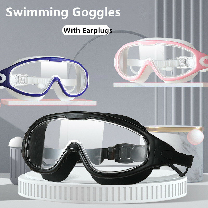 Big Frame Swimming Goggles Adults with Earplugs Swim Glasses Men Women Professional HD Anti-fog Goggles Silicone Eyewear