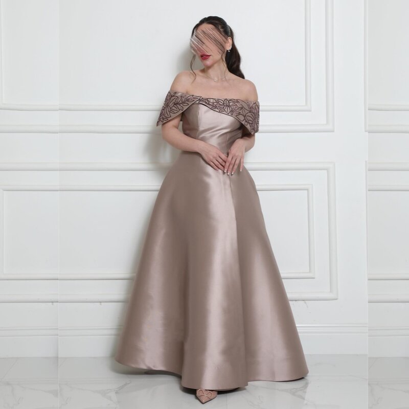 Satin Applique Engagement A-line Off-the-shoulder Bespoke Occasion Gown Long Dresses