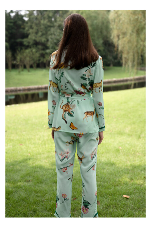 Birdtree-100 % Conjunto de pijama de seda real para mulheres, lapela, manga comprida, calça, cinto, casual, respirável, conforto, loungewear suave, outono, S41451QD