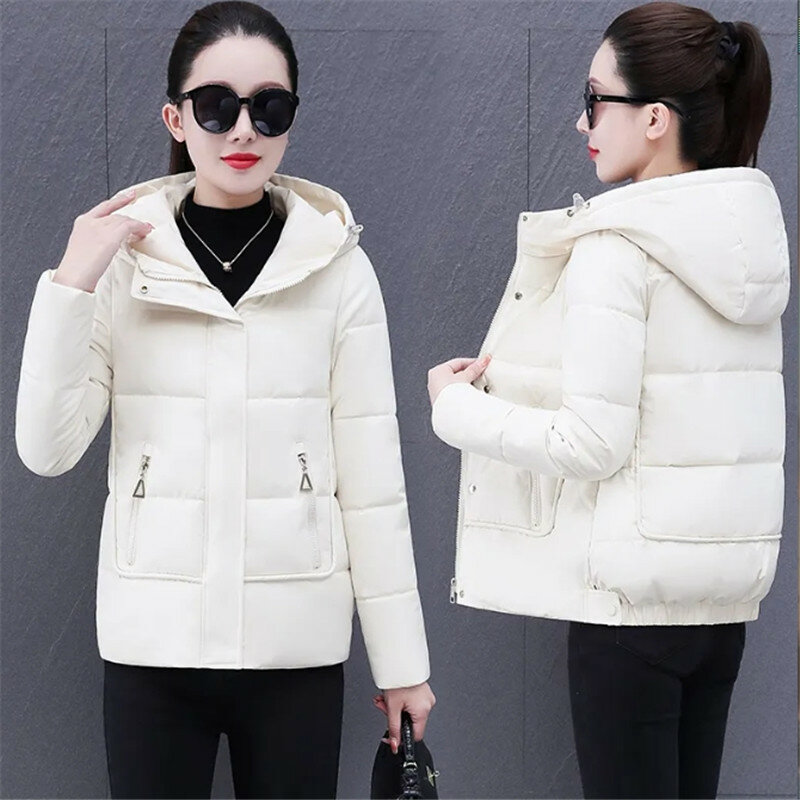Winter Down Cotton Jacket Women 2023 New Loose Hooded Coat Fashion Concealed Zipper Outerwear Pure Colour Parka Overcoat Female
