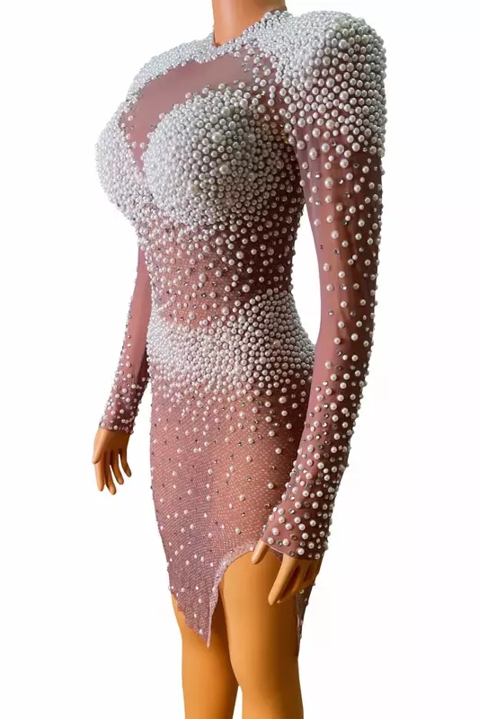 Gaun Split seksi berlian imitasi mutiara berkilau lengan panjang untuk wanita pakaian pesta malam kostum panggung penyanyi