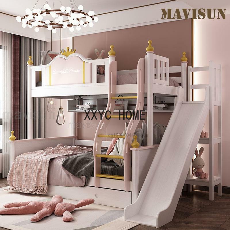 Cama de princesa de estilo europeo con tobogán y casillero, muebles de dormitorio modernos para niños, castillo de estilo lujoso, cama para niñas como para niños