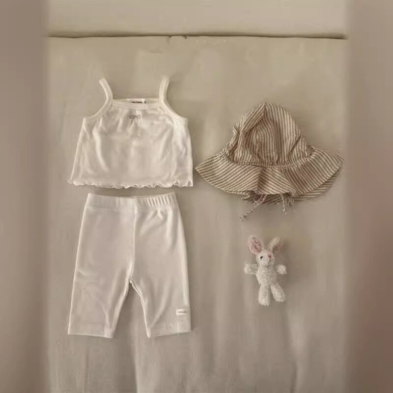 Conjunto de camisa de suspensão de bordado infantil, roupas de verão infantil, tops sem mangas finas infantis, calças sólidas, terno de colete infantil, menina, crianças, 2pcs