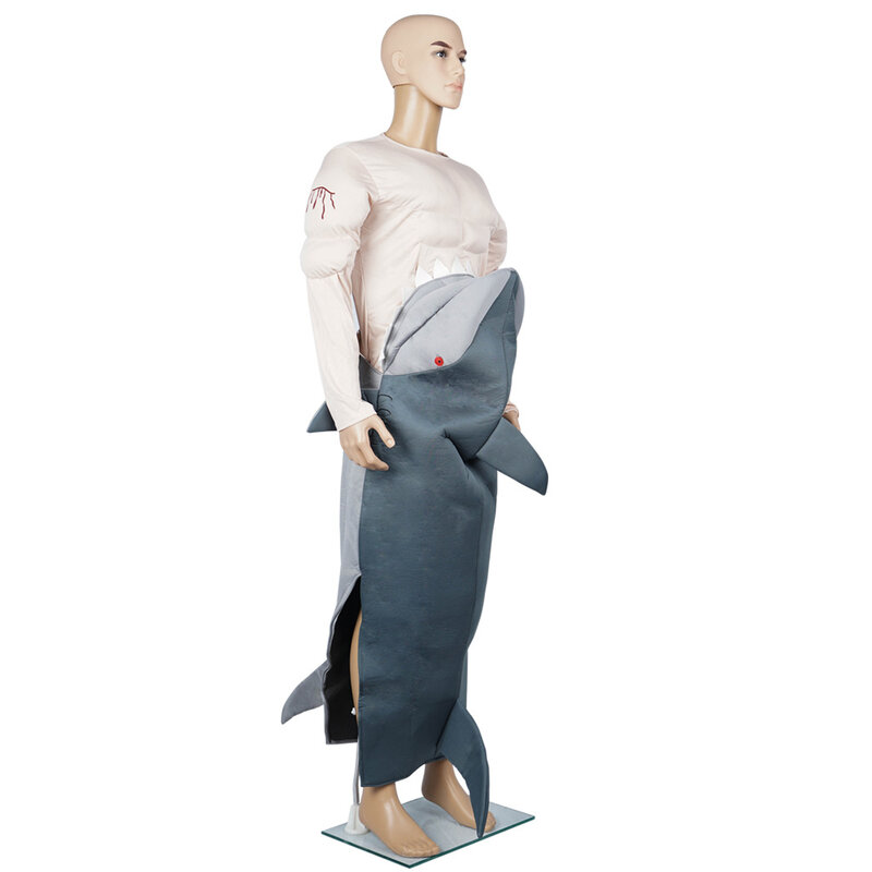 Man Eating Shark Costume Scary Bloody Shark Jumpsuit Halloween Costume For Adult Muscle Men Cosplay Carnival Party Purim