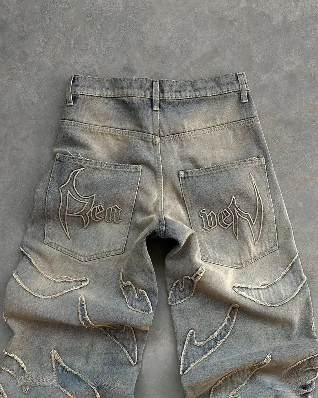 Baggy Jeans mit Retro-Rüschen stickerei und grauer Jeans hose für Damen-Straßen kleidung mit Distressed-Nähten y2k Hosen