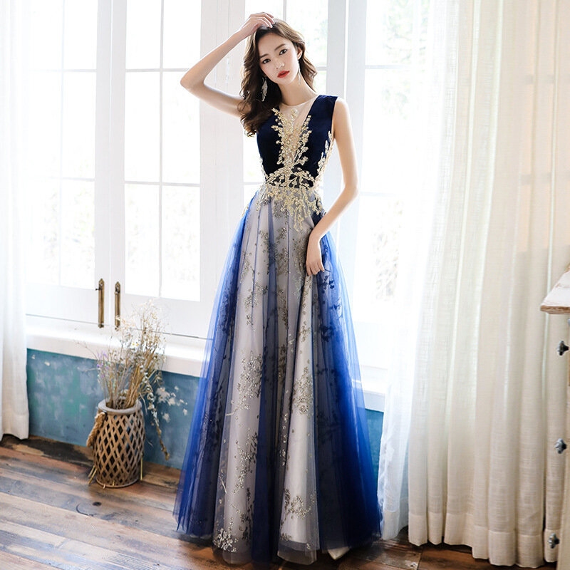 Summer's New Temperament Celebrity Dress Sleeveless Round Neck Dignified Atmosphere Elegant Long Blue Waist Dress Women