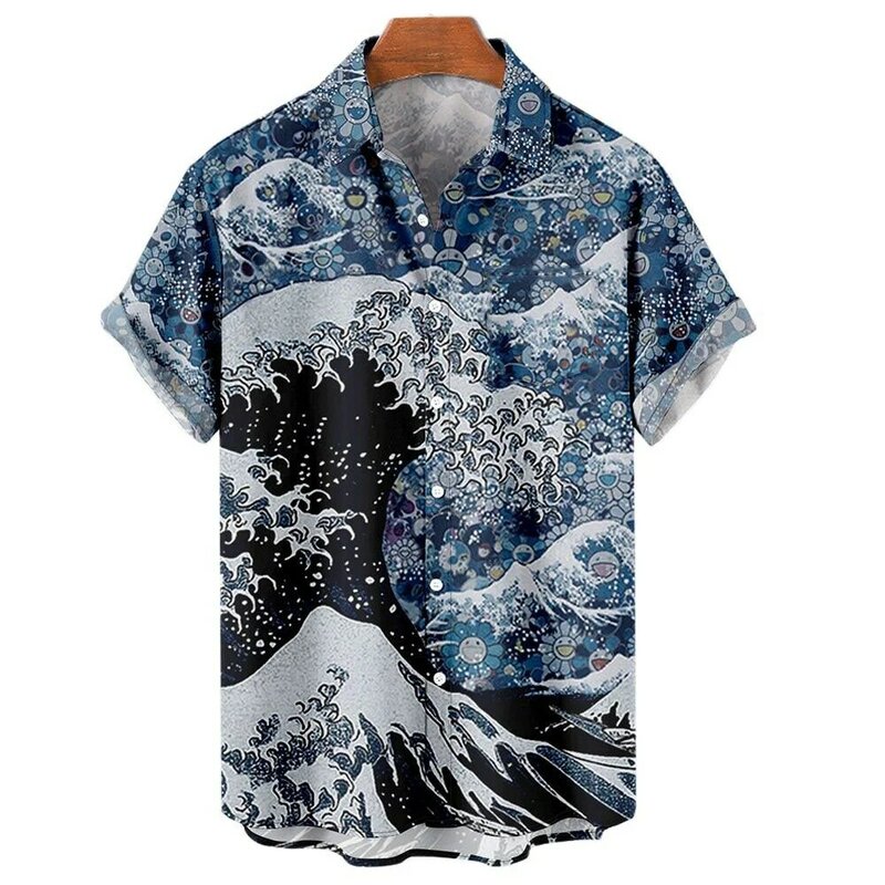 قميص هاواي للرجال بأكمام قصيرة مطبوعة ثلاثية الأبعاد ، بلوزة غير رسمية بطية صدر ، نمط الشاطئ ، موجات عتيقة ، ملابس عصرية مستوردة