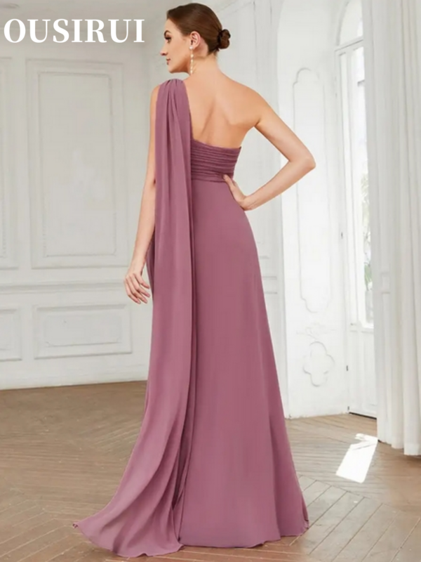 OUSIRUI 여성용 원숄더 스트랩리스 가운, 2024 쉬폰 핑크 신부 들러리, 심플하고 우아한 이브닝 드레스, 롱 A 라인 원피스