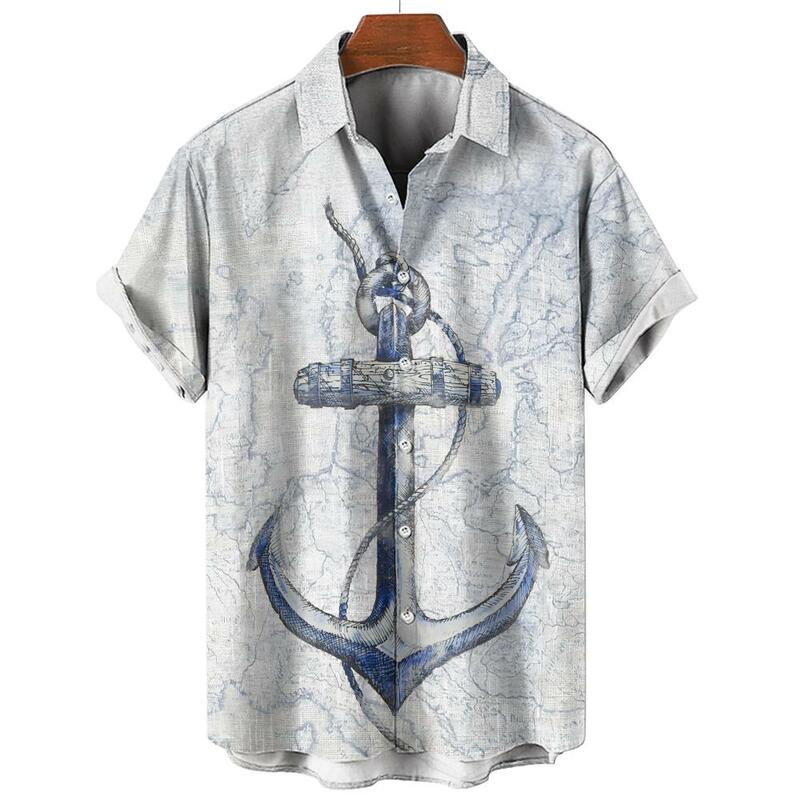 3d Anchor Print Hawaiian Shirts Vintage Nautical Print Men's Shirt Summer Oversized Short Sleeve Shirt For Men 2024 New Tops