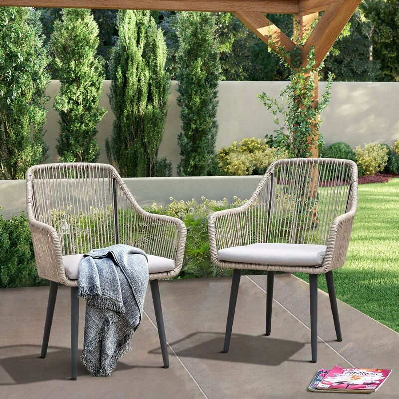 Kursi makan teras, kursi rotan luar ruangan dengan sandaran tangan dan bantal untuk rumput luar, taman, halaman belakang, dalam ruangan