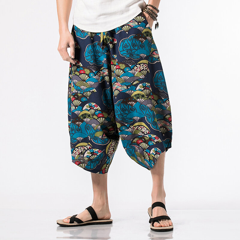 Hawaii Chinese Style Printing Wide Leg Pants Men 100% Cotton Drawstring Trousers Streetwear Hip Hop Fitting Jogging Casual Pants
