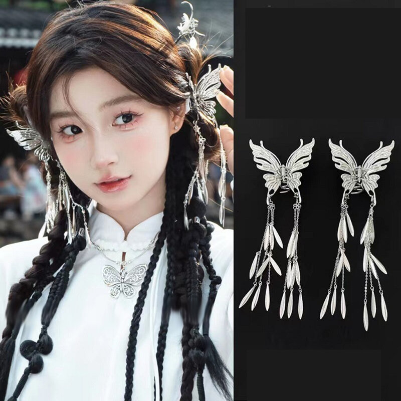 New Butterfly Tassel Hair Clips for Women Retro Design Simple Temperament Side Shark Clip Hair Claw Girls Hair Accessories