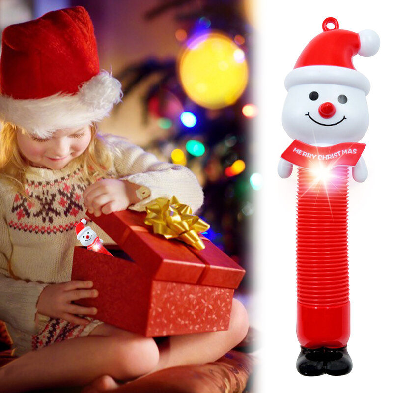 Christmas Pop Tubes Lighted LED Sensory Toys Santa Snowman Pull Stretch Tube Toddlers Gifts Luminous Popping Party Supplies