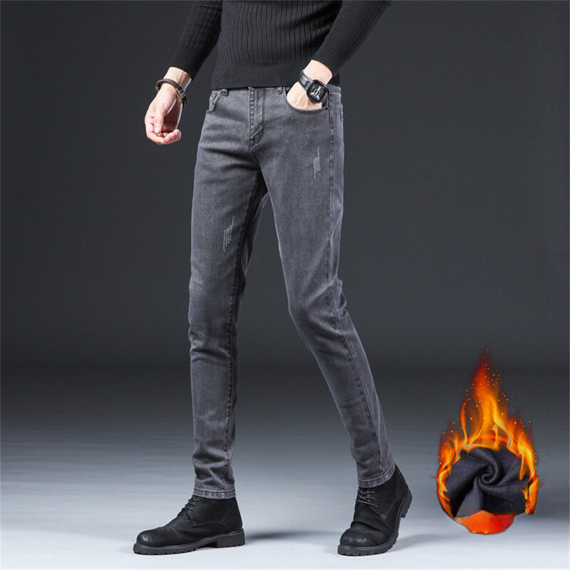 Мужская одежда, зимние мужские джинсы, теплые флисовые джинсы, мужские деловые утепленные джинсовые брюки, Стрейчевые облегающие брюки для мужчин, джинсы