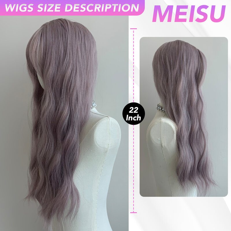MEISU Water Curly Wave parrucche Air Bangs Grey Purple 22 pollici Fiber parrucche sintetiche resistente al calore Natural Party o Selfie per le donne