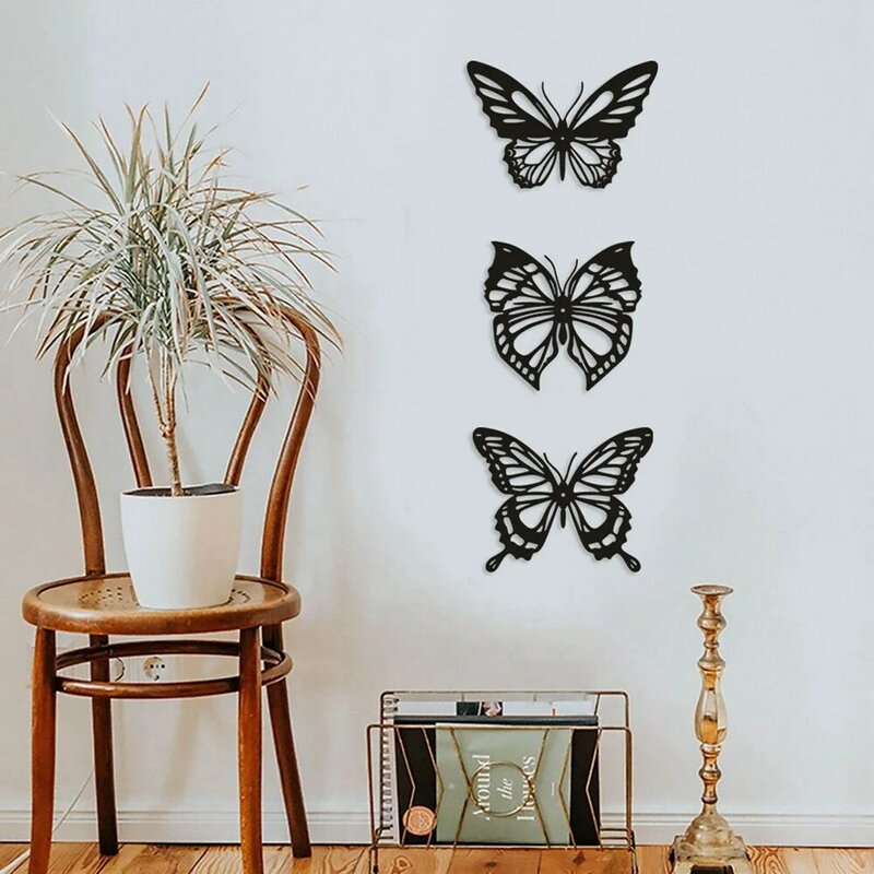 나비 금속 벽 장식, 검은 나비 금속 벽걸이 장식, 농가 소박한 홈 오피스 침실 장식, 3 개