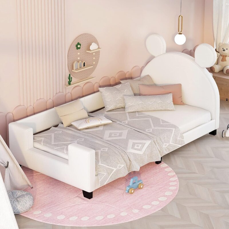 Łatwy montaż (Podwójna rama łóżka dziecięcego Podwójna tapicerowana rama łóżka dziennego dla dzieci Chłopcy Dziewczęta Biała) Podstawy i ramy dla dzieci