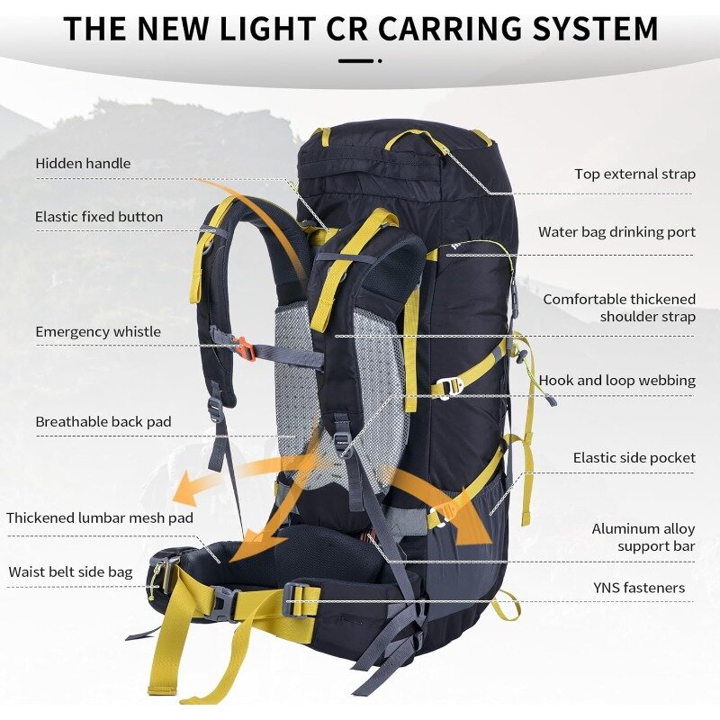 Plecak podróżny, plecak z plecakiem, do uprawiania turystyki pieszej, Camping górski, plecak z plecakiem, wodoodporna osłona przeciwdeszczowa w zestawie-czarny