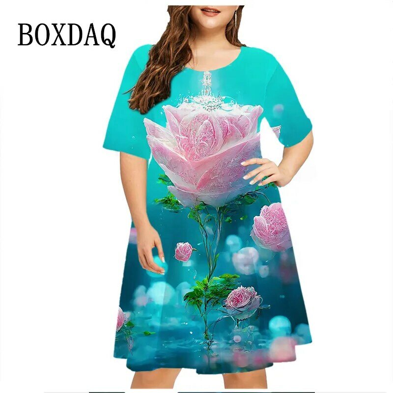 Różowa damska z nadrukiem kwiatowym 3D elegancka sukienka na co dzień z krótkim rękawem Mini sukienka z okrągłym dekoltem na lato odzież na przyjęcia Plus rozmiar 6XL