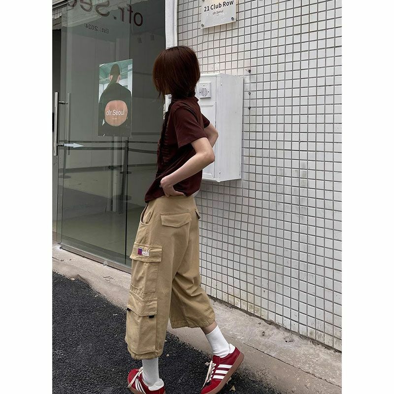 QWEEK-pantalones cortos Vintage de gran tamaño, Pantalón Cargo japonés de pierna ancha Harajuku, estilo coreano Y2k, ropa de calle holgada, Neutral, 2000s