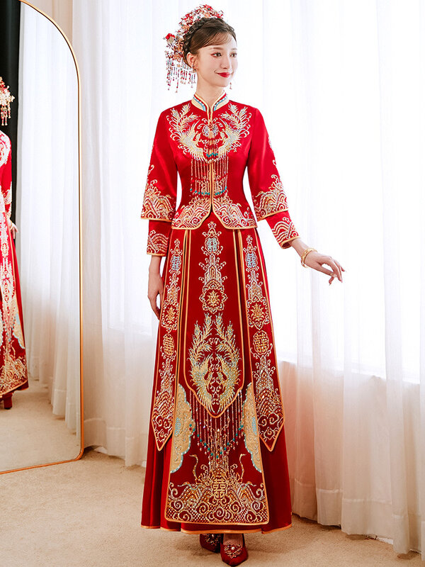 중국 커플 웨딩 드레스, 우아하고 절묘한 피닉스 자수 치파오, 우아한 결혼 정장