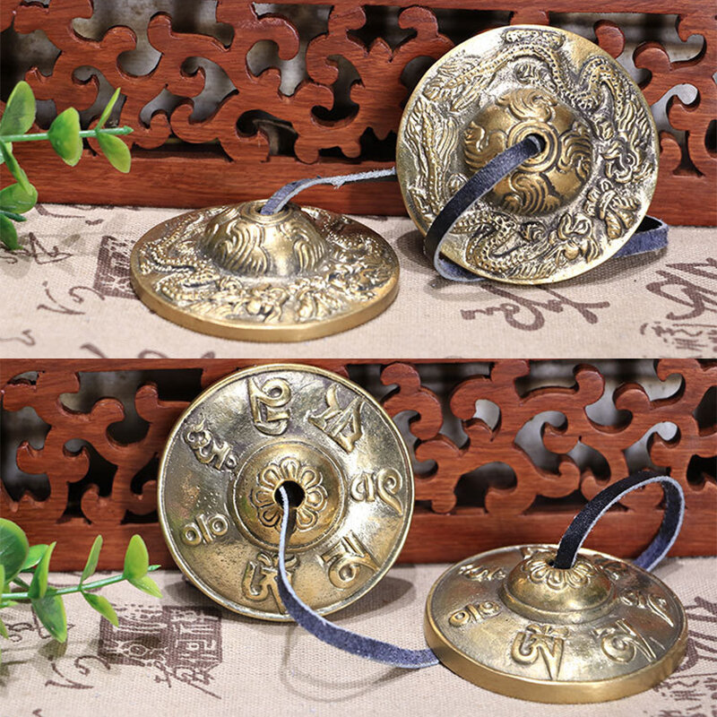 Campana de platillo Tingsha de meditación tibetana hecha a mano, los ocho símbolos auspiciosos, budistas, 2.6 pulgadas/6,5 cm