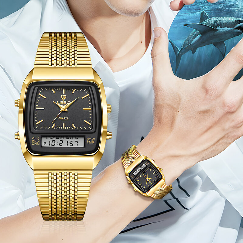 Relógio de pulso de quartzo impermeável masculino, Dual Time Week, Relógio esportivo dourado, Relógio digital, nova moda, casual, 3bar, L1030
