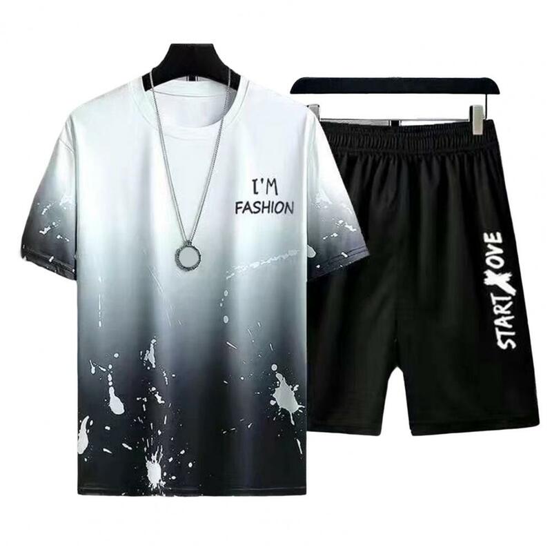2Pcs/Set Men Sports Outfit Shorts T-shirt Ice Silk Gradient Color Letter Print T Shirt Wide Leg Shorts Set Autumn Men Suit