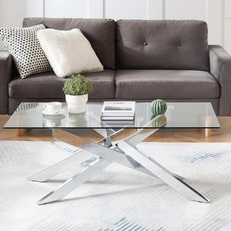 Rectangle Modern Coffee Table, Gray Tempered Glass Table Top and Black Metal Tubular Legs